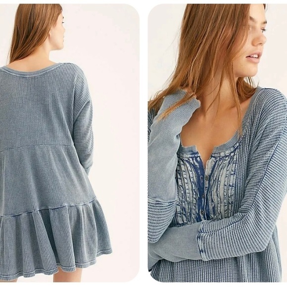 Free People One Jolene Waffle Knit Mini Dress Blue medium - Picture 4 of 6